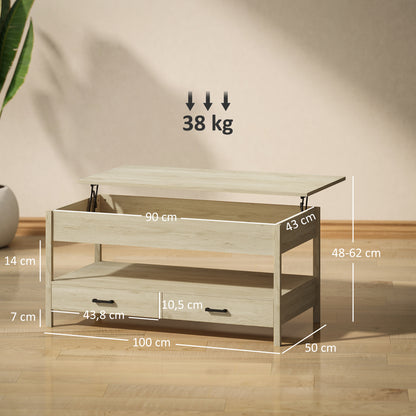 Lift-Top Coffee Table with Lift-Up Top, Hidden Storage Compartment, Drawers, and Open Shelf 100x50x48-62 cm Oak