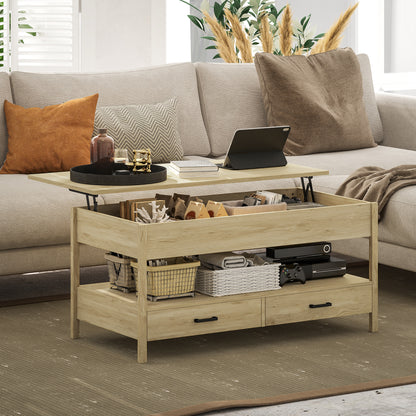 Lift-Top Coffee Table with Lift-Up Top, Hidden Storage Compartment, Drawers, and Open Shelf 100x50x48-62 cm Oak