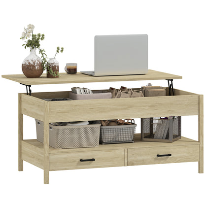 Lift-Top Coffee Table with Lift-Up Top, Hidden Storage Compartment, Drawers, and Open Shelf 100x50x48-62 cm Oak