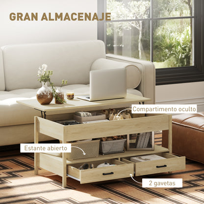 Lift-Top Coffee Table with Lift-Up Top, Hidden Storage Compartment, Drawers, and Open Shelf 100x50x48-62 cm Oak