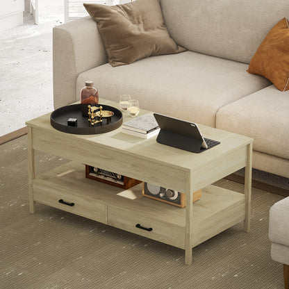 Lift-Top Coffee Table with Lift-Up Top, Hidden Storage Compartment, Drawers, and Open Shelf 100x50x48-62 cm Oak