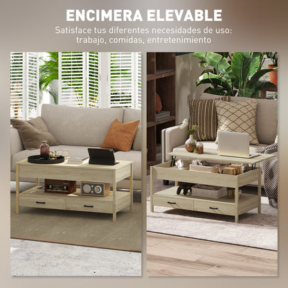 Lift-Top Coffee Table with Lift-Up Top, Hidden Storage Compartment, Drawers, and Open Shelf 100x50x48-62 cm Oak