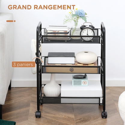 3-Tier Kitchen and Bathroom Cart with Baskets Rolling Storage Trolley 45 x 26.5 x 63 cm Black