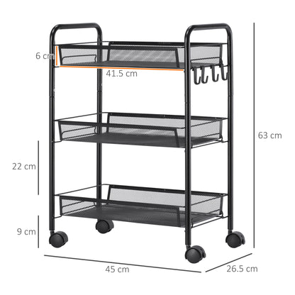 3-Tier Kitchen and Bathroom Cart with Baskets Rolling Storage Trolley 45 x 26.5 x 63 cm Black