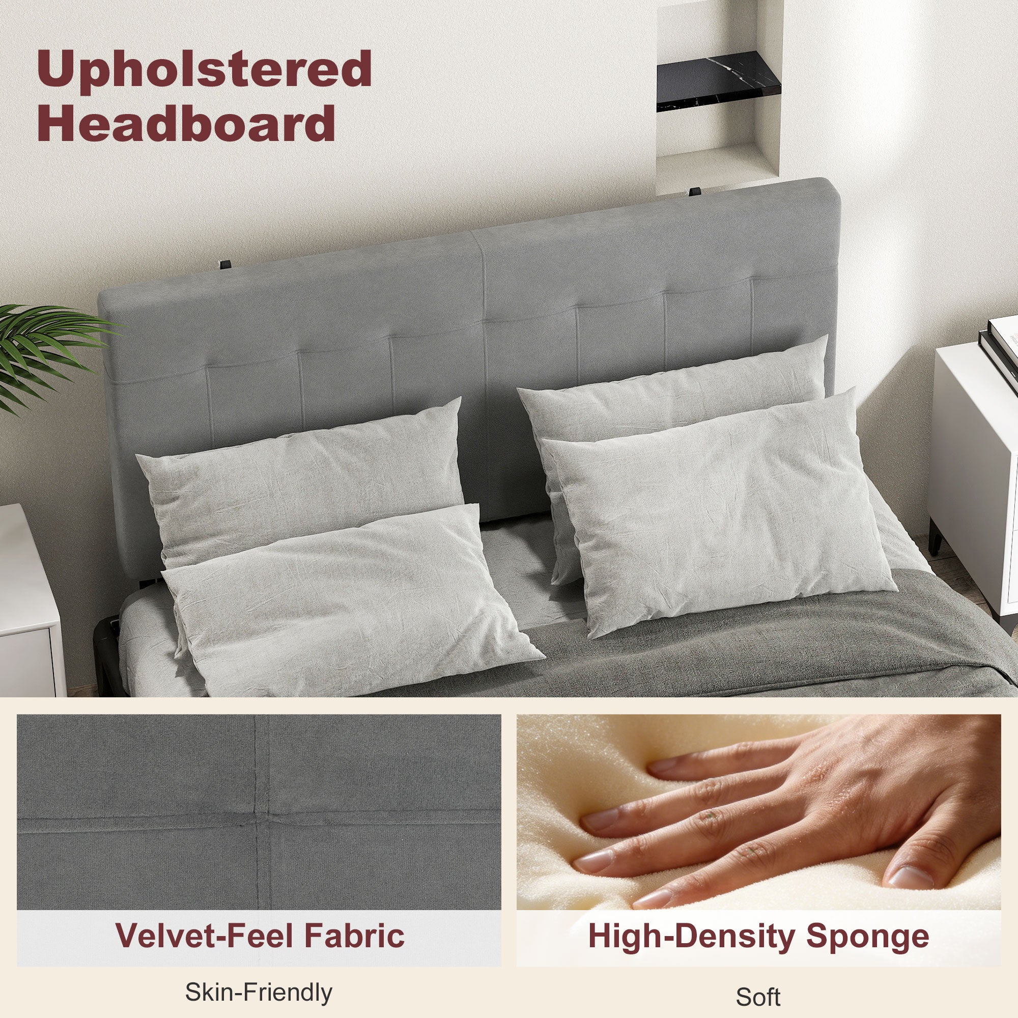 3-Height Adjustable Velvet-Look Padded Headboard with Metal Legs — Fits 53–55" Beds, Gray (140 x 10 x 106/116/126 cm)