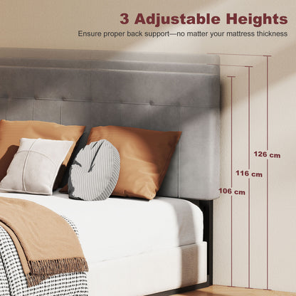 3-Height Adjustable Velvet-Look Padded Headboard with Metal Legs — Fits 53–55" Beds, Gray (140 x 10 x 106/116/126 cm)