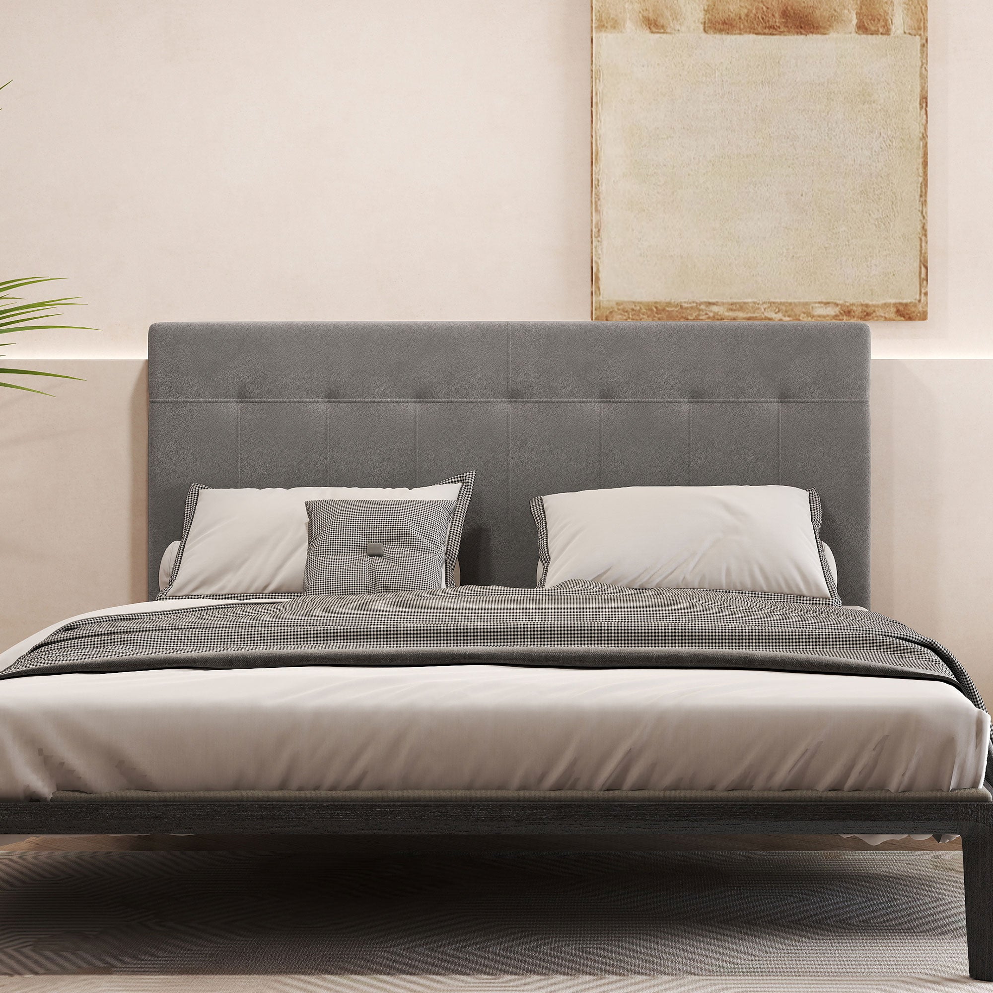 3-Height Adjustable Velvet-Look Padded Headboard with Metal Legs — Fits 53–55" Beds, Gray (140 x 10 x 106/116/126 cm)