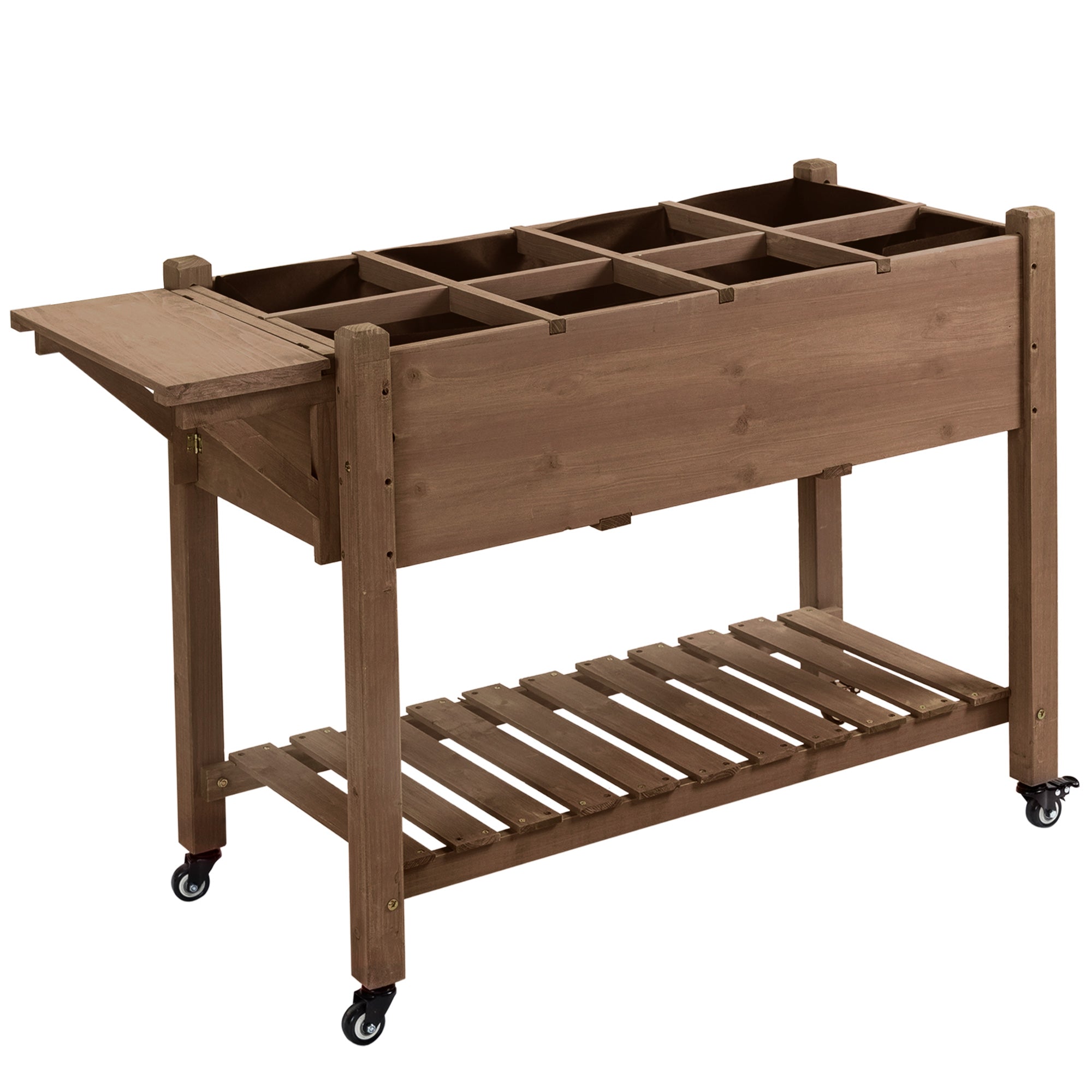 Raised Garden Planter on Wheels - Shelf, Foldable Side Table, Irrigation Inserts, Drainage Felt Included - Pre-Oiled Fir Wood