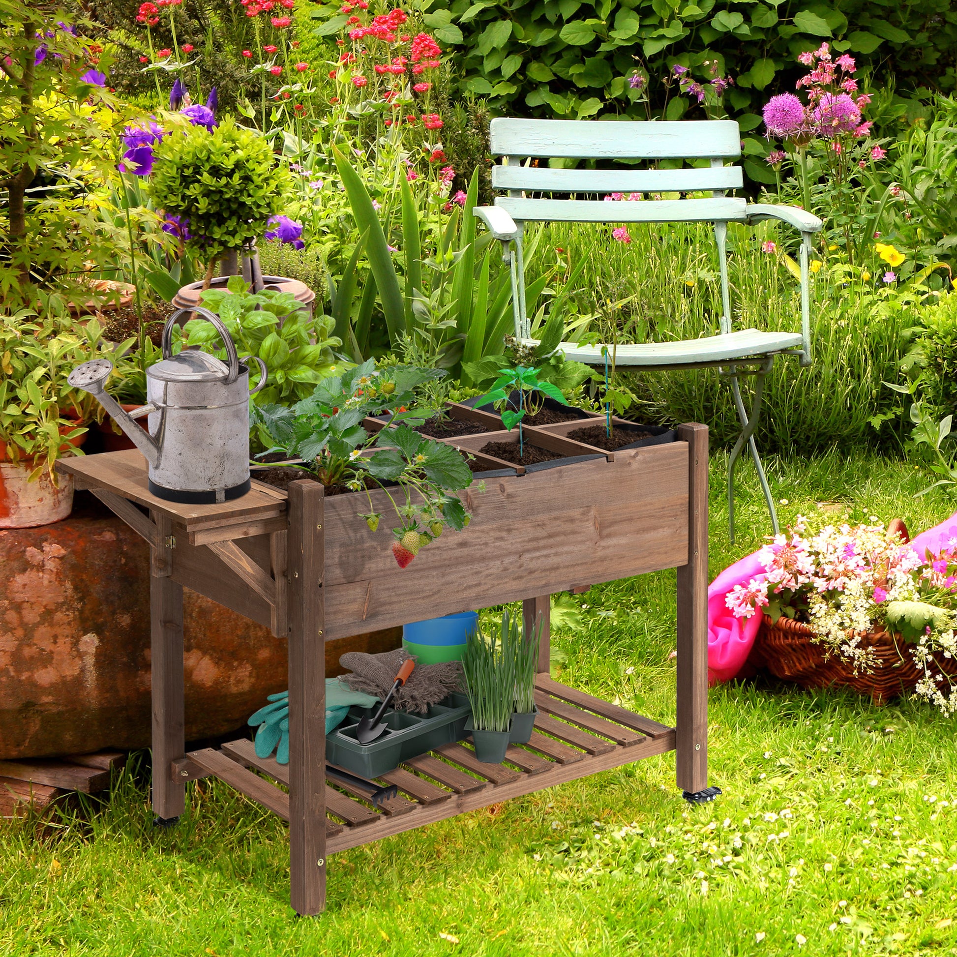 Raised Garden Planter on Wheels - Shelf, Foldable Side Table, Irrigation Inserts, Drainage Felt Included - Pre-Oiled Fir Wood