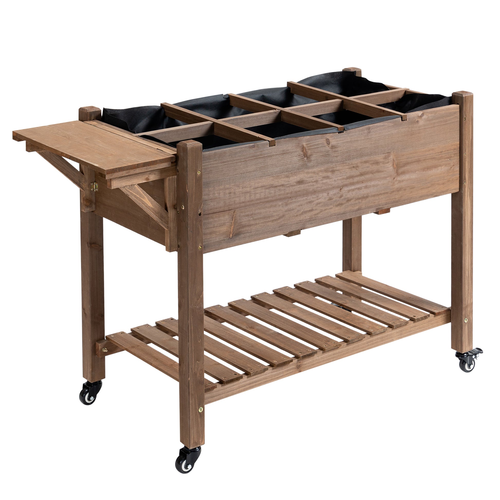 Raised Garden Planter on Wheels - Shelf, Foldable Side Table, Irrigation Inserts, Drainage Felt Included - Pre-Oiled Fir Wood