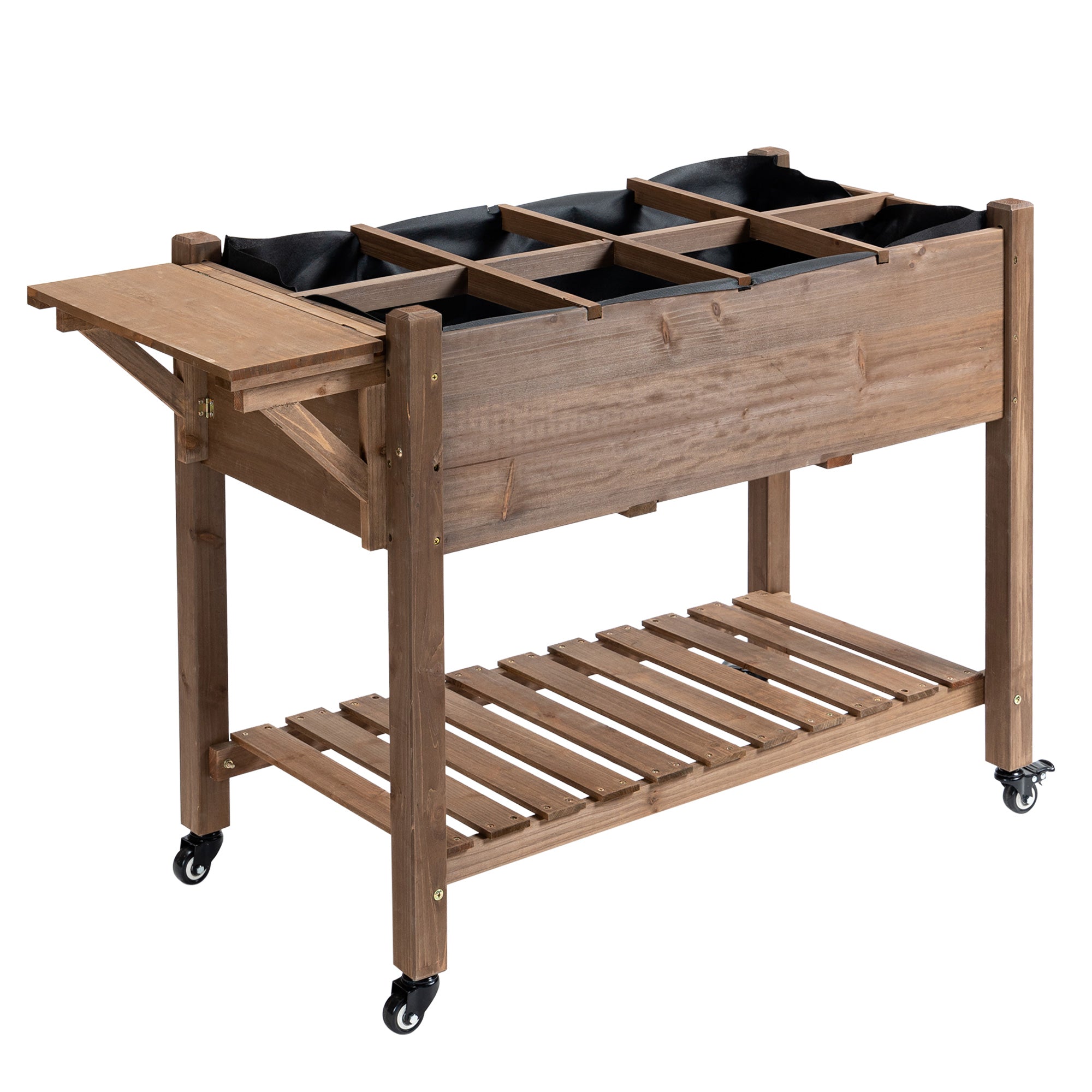 Raised Garden Planter on Wheels - Shelf, Foldable Side Table, Irrigation Inserts, Drainage Felt Included - Pre-Oiled Fir Wood