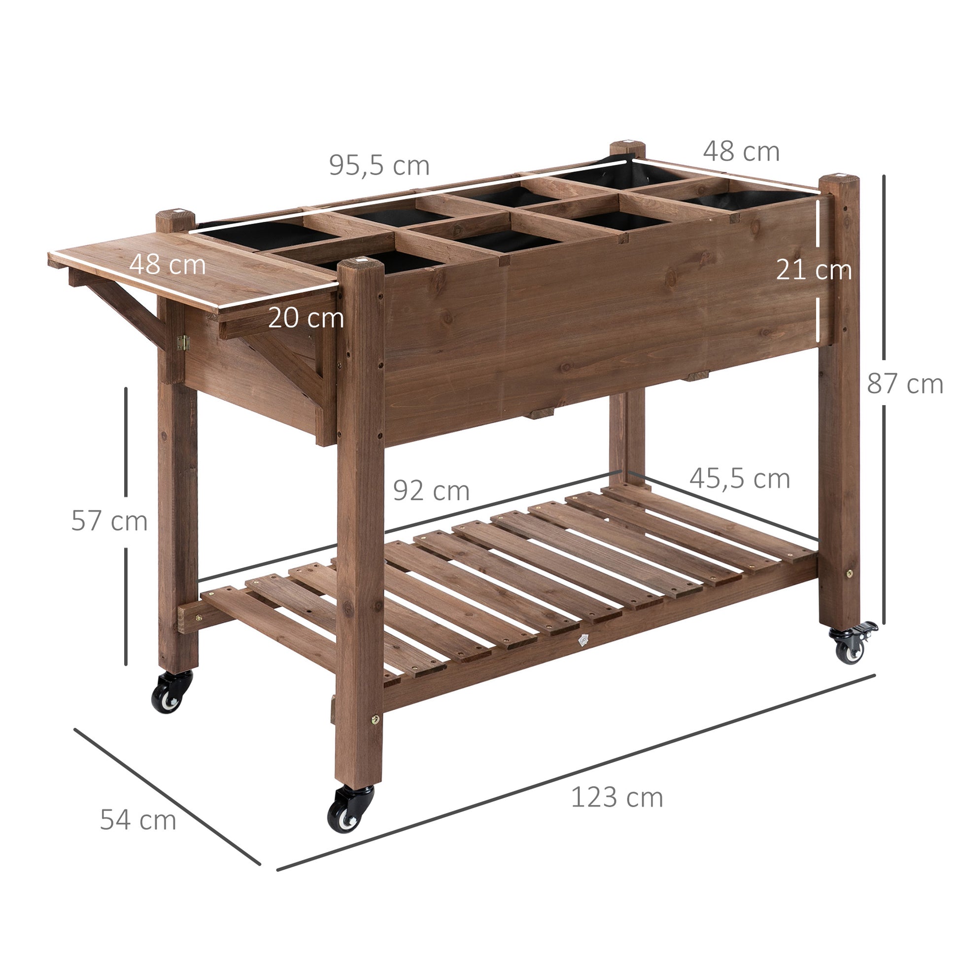 Raised Garden Planter on Wheels - Shelf, Foldable Side Table, Irrigation Inserts, Drainage Felt Included - Pre-Oiled Fir Wood