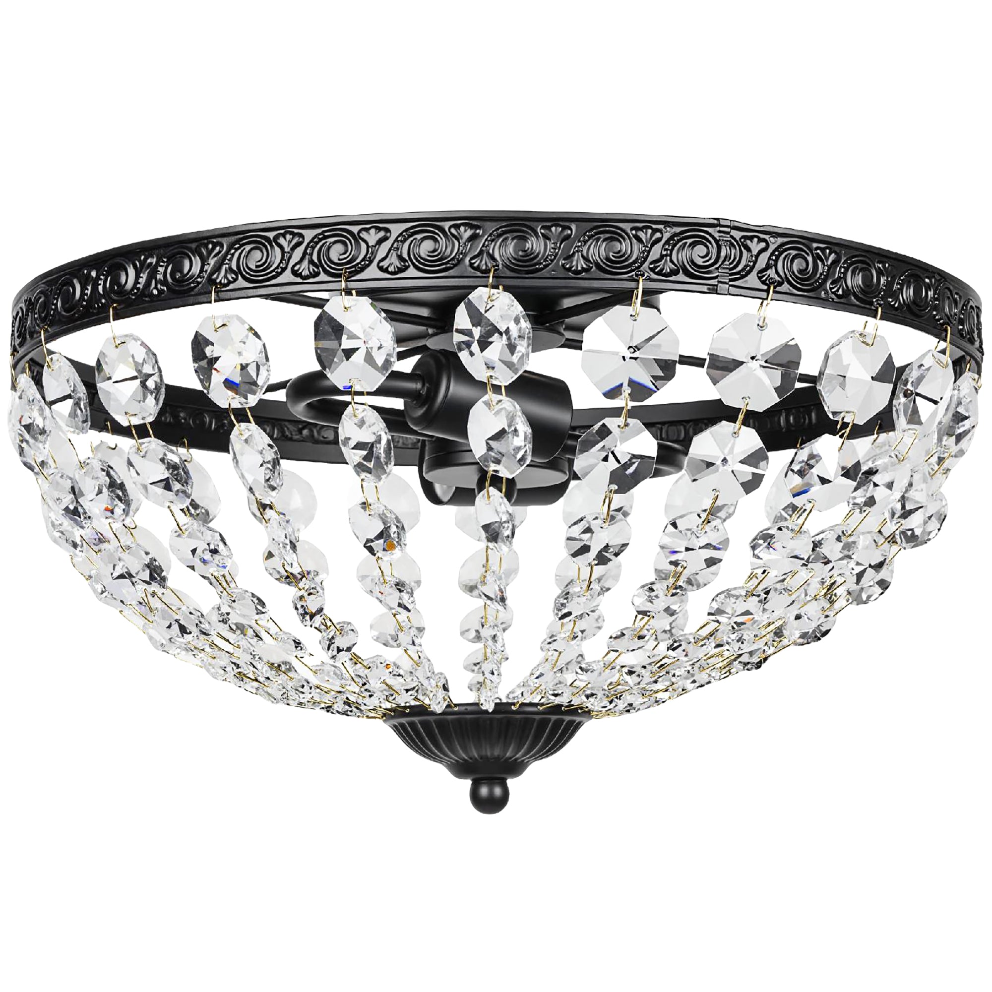 Classic Crystal Ceiling Light with 2 E14 Sockets, 40W, Vintage Flush Mount with 168 Crystal Beads for Bedroom, Living Room, Kitchen and Dining Room, Black