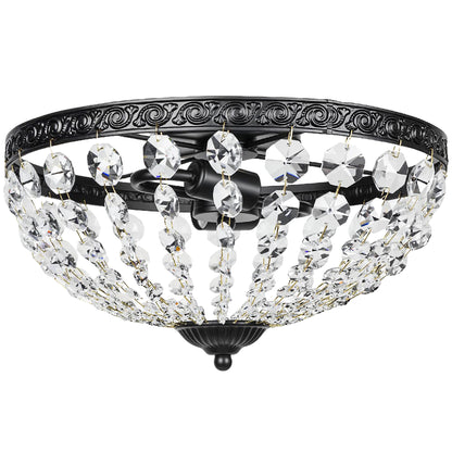 Classic Crystal Ceiling Light with 2 E14 Sockets, 40W, Vintage Flush Mount with 168 Crystal Beads for Bedroom, Living Room, Kitchen and Dining Room, Black
