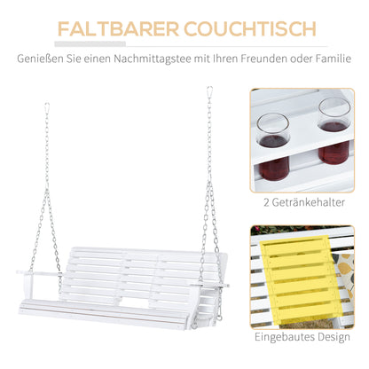 Hanging Bench Garden Swing Bench with Foldable Coffee Table for 2-3 People Fir Wood Patio Terrace Backyard Comfortable 150 x 75 x 53 cm White