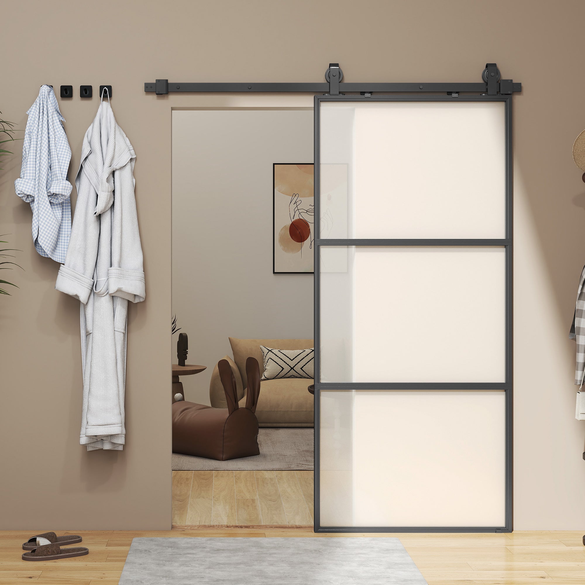 Sliding Door with Hardware Glass Sliding Door with Soft Close Mechanism for Bathroom Living Room Kitchen 91.4x203.2 cm Black