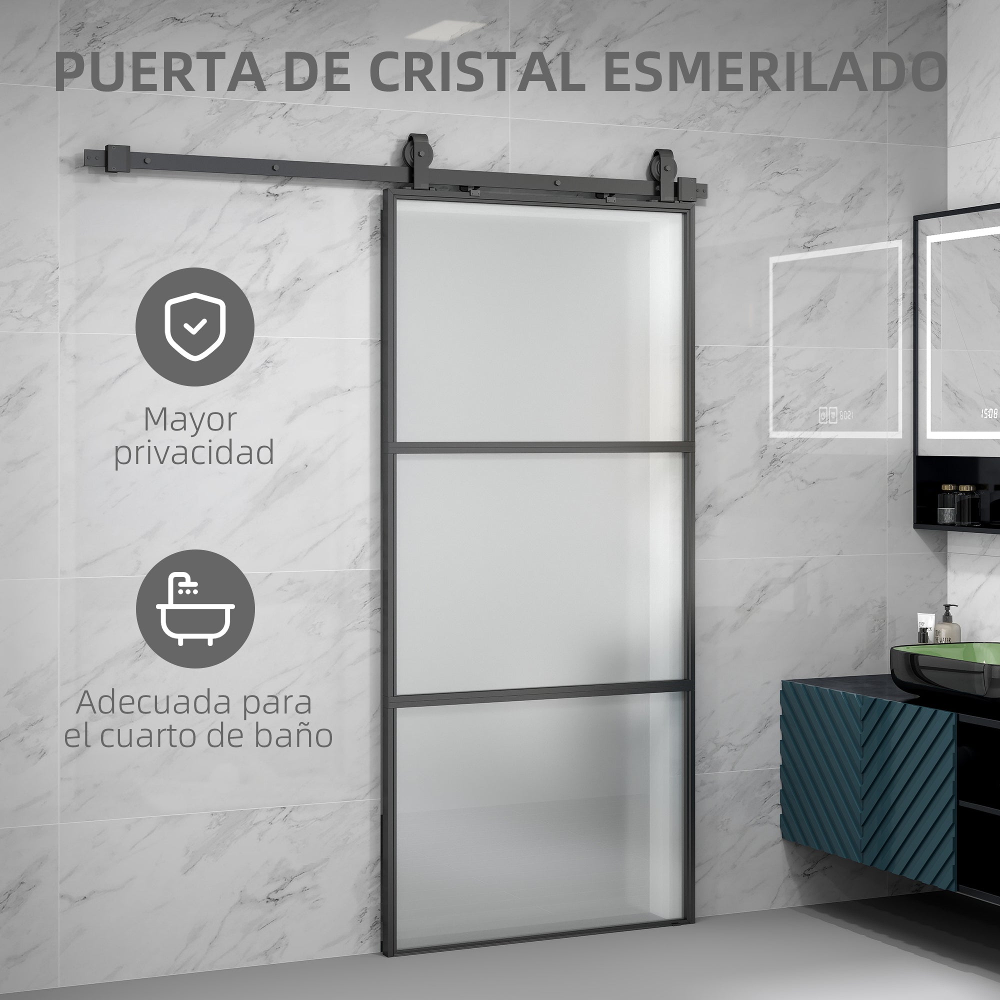 Sliding Door with Hardware Glass Sliding Door with Soft Close Mechanism for Bathroom Living Room Kitchen 91.4x203.2 cm Black