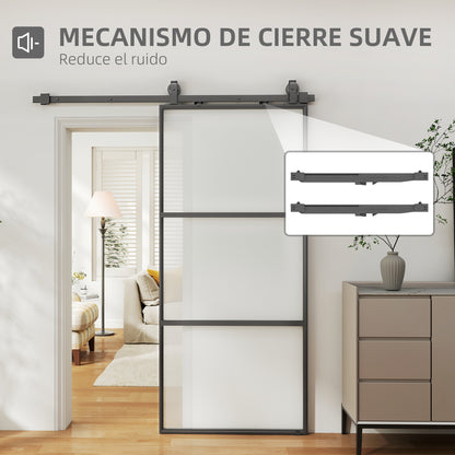 Sliding Door with Hardware Glass Sliding Door with Soft Close Mechanism for Bathroom Living Room Kitchen 91.4x203.2 cm Black