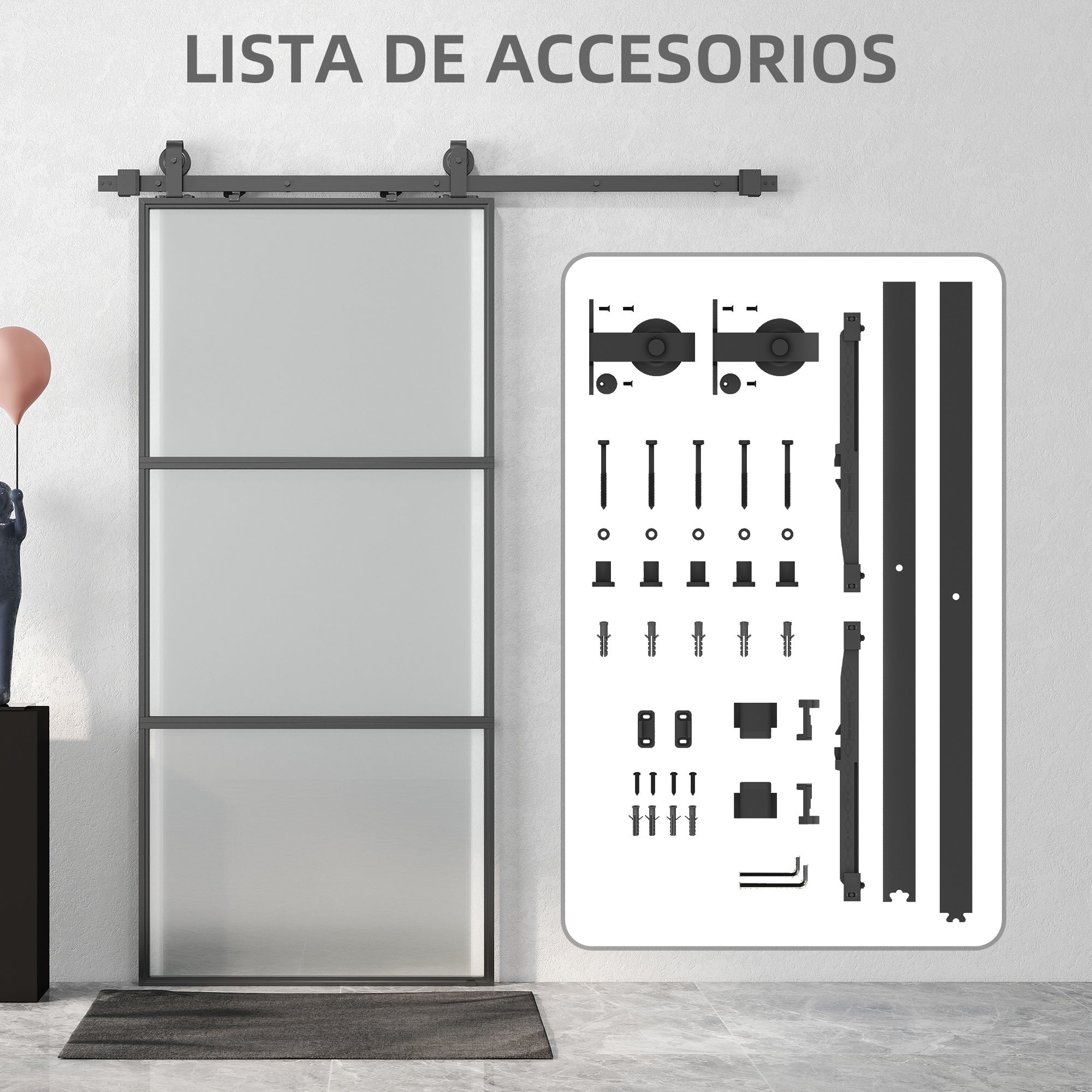 Sliding Door with Hardware Glass Sliding Door with Soft Close Mechanism for Bathroom Living Room Kitchen 91.4x203.2 cm Black