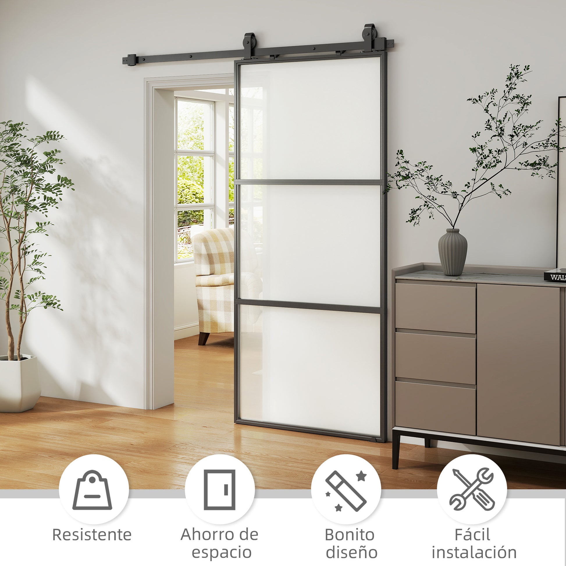 Sliding Door with Hardware Glass Sliding Door with Soft Close Mechanism for Bathroom Living Room Kitchen 91.4x203.2 cm Black