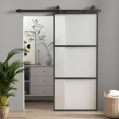 Sliding Door with Hardware Glass Sliding Door with Soft Close Mechanism for Bathroom Living Room Kitchen 91.4x203.2 cm Black
