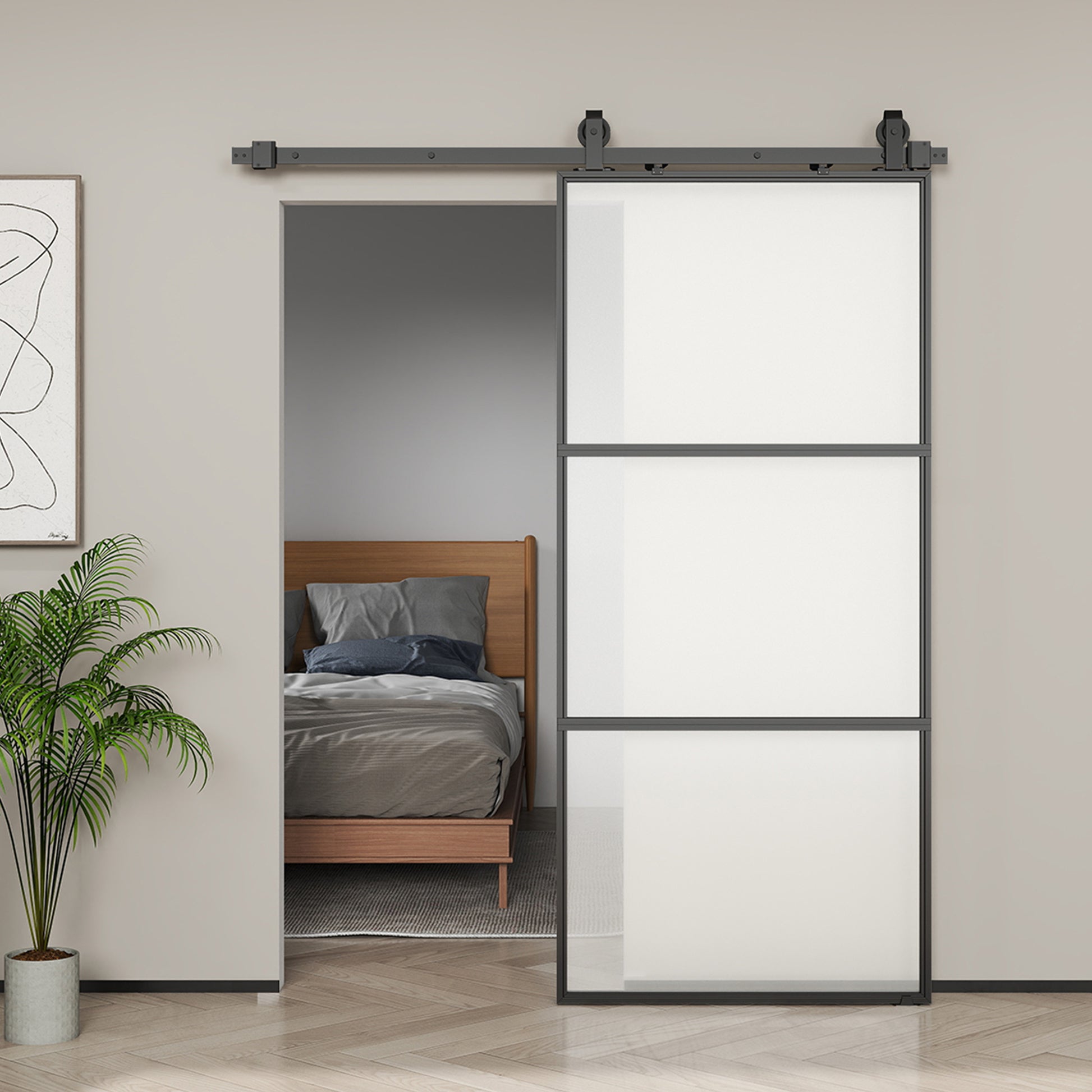 Sliding Door with Hardware Glass Sliding Door with Soft Close Mechanism for Bathroom Living Room Kitchen 91.4x203.2 cm Black