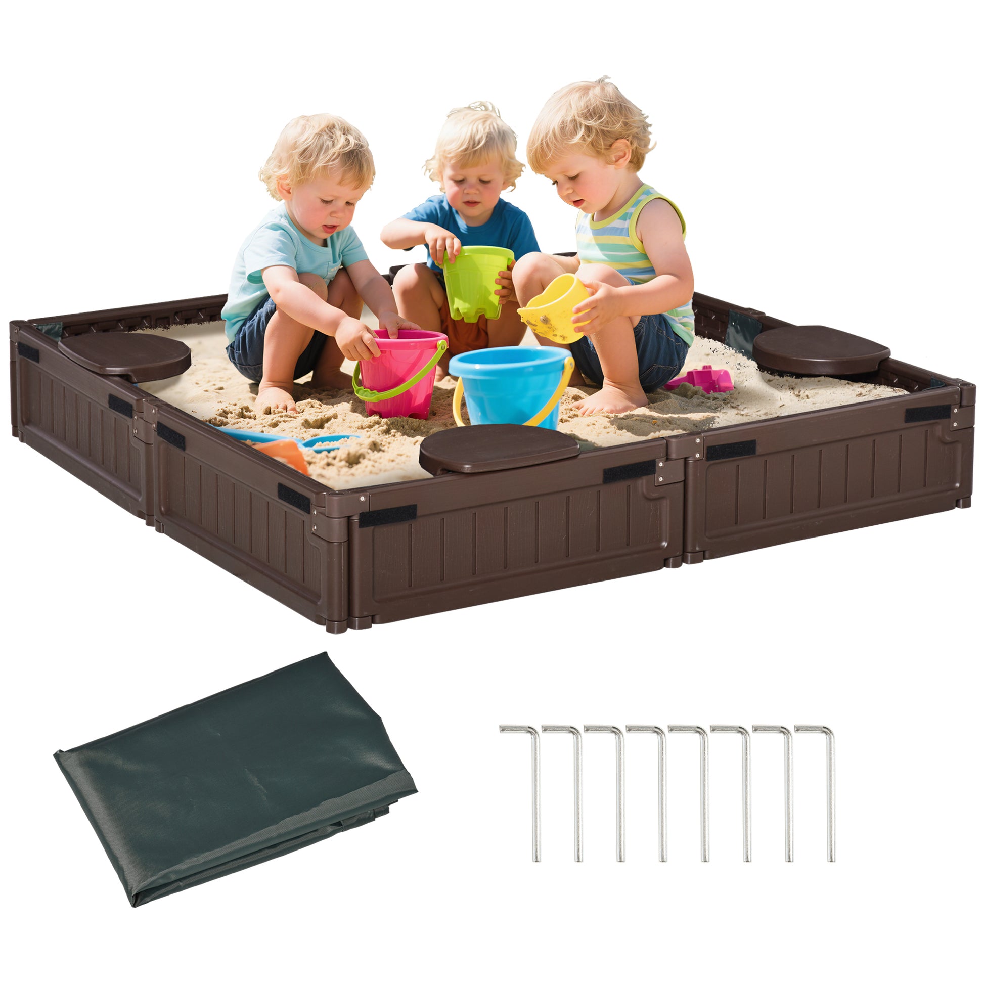 Sandbox 4 Seater Sandbox with Groundsheet, Cover for 3-12 Years Children, HDPE, 123 x 123 x 21 cm, Brown