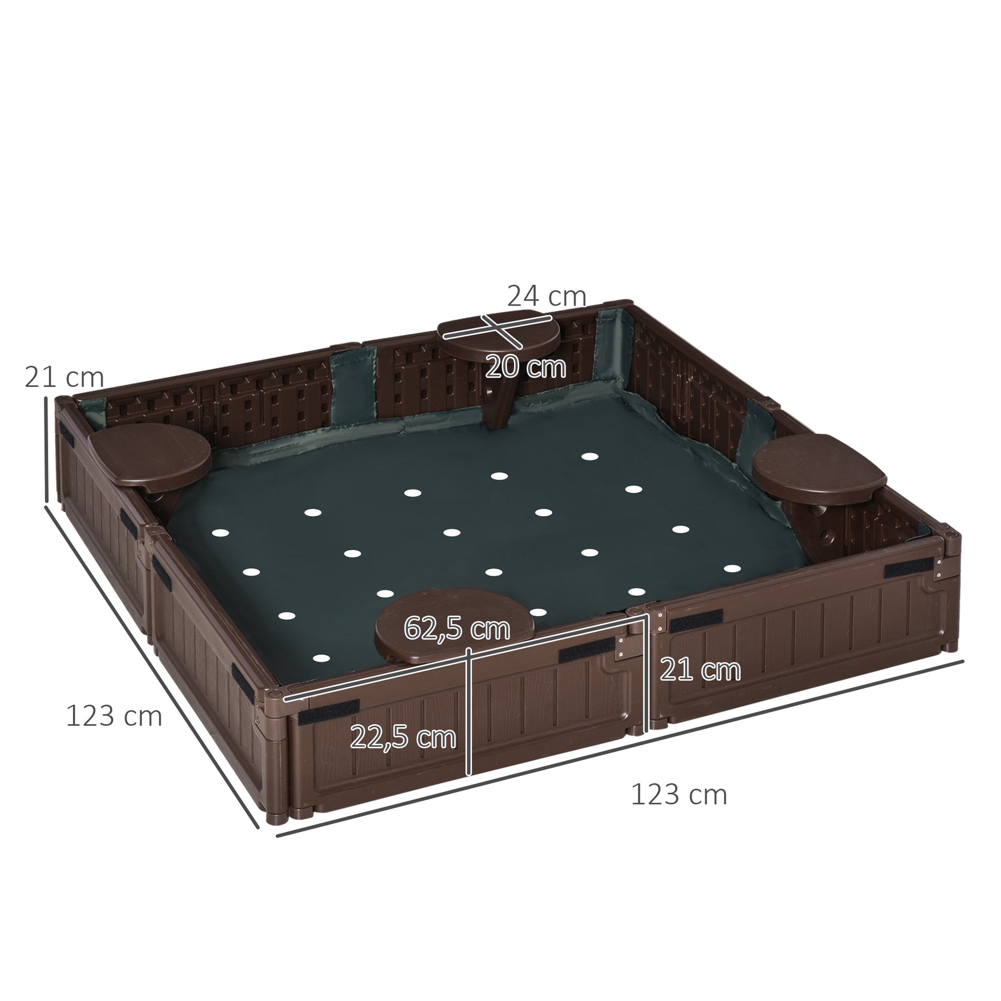 Sandbox 4 Seater Sandbox with Groundsheet, Cover for 3-12 Years Children, HDPE, 123 x 123 x 21 cm, Brown