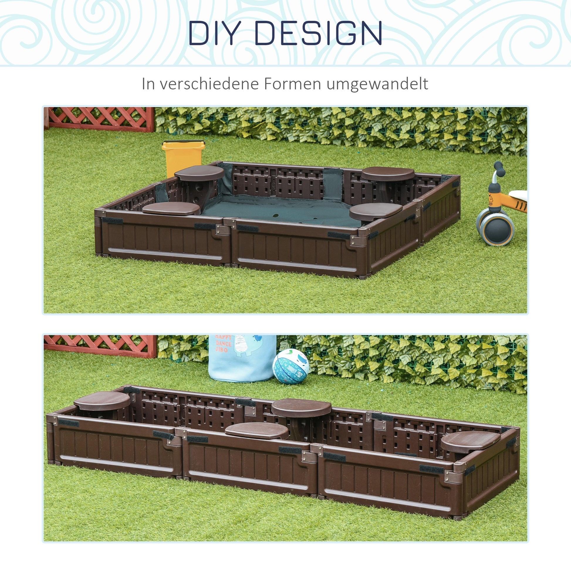 Sandbox 4 Seater Sandbox with Groundsheet, Cover for 3-12 Years Children, HDPE, 123 x 123 x 21 cm, Brown