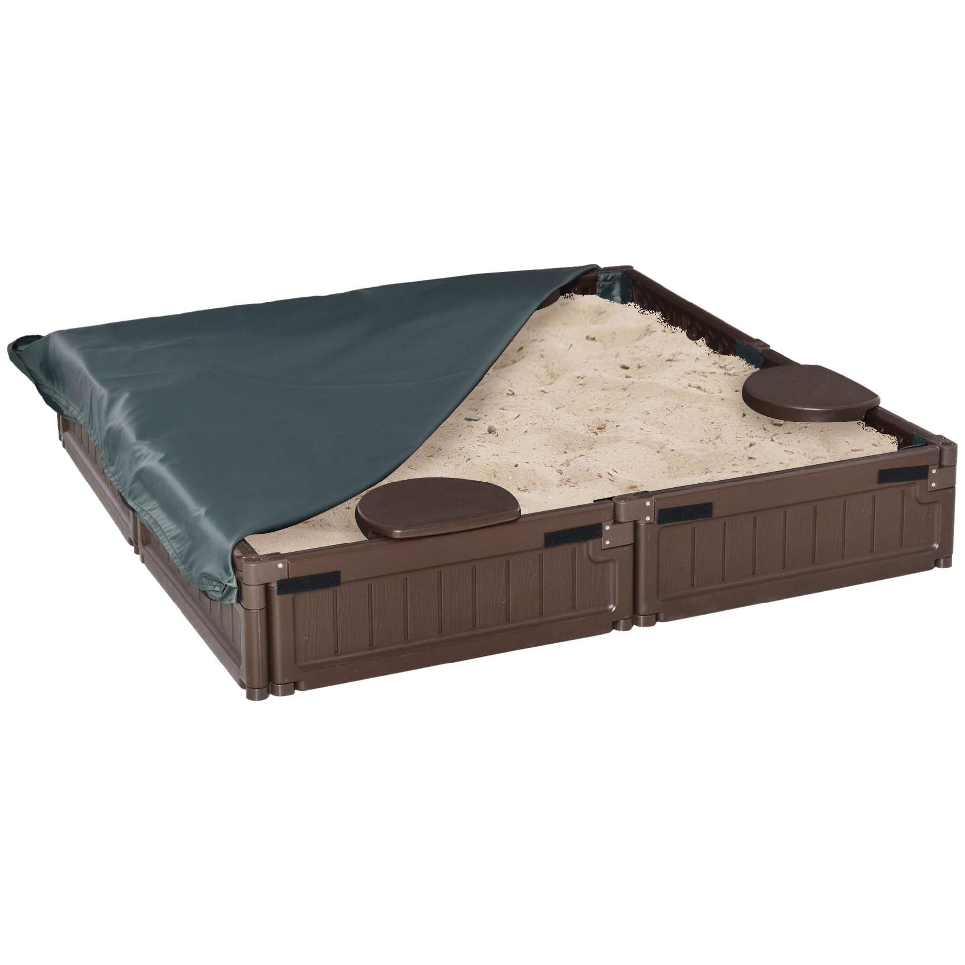 Sandbox 4 Seater Sandbox with Groundsheet, Cover for 3-12 Years Children, HDPE, 123 x 123 x 21 cm, Brown