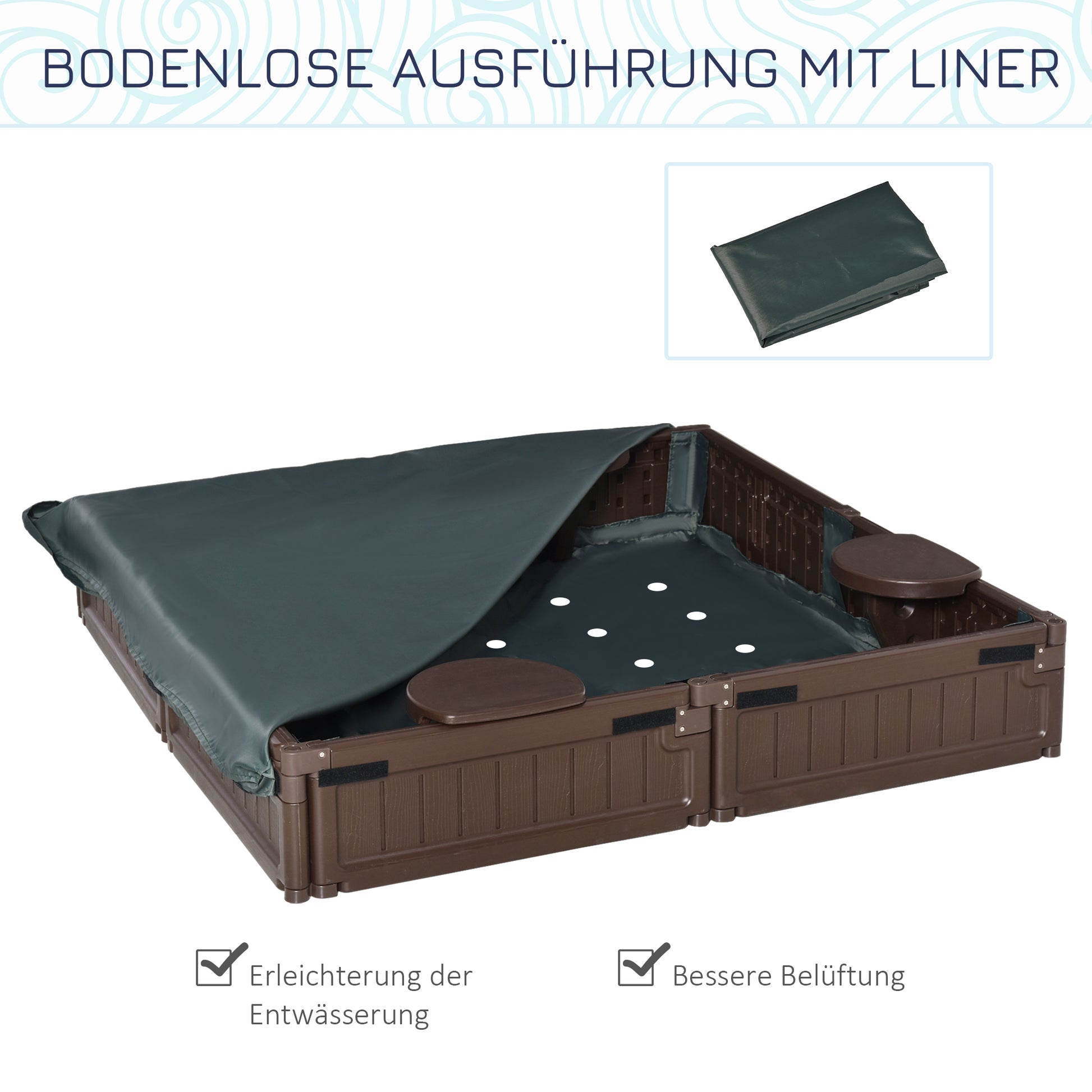 Sandbox 4 Seater Sandbox with Groundsheet, Cover for 3-12 Years Children, HDPE, 123 x 123 x 21 cm, Brown
