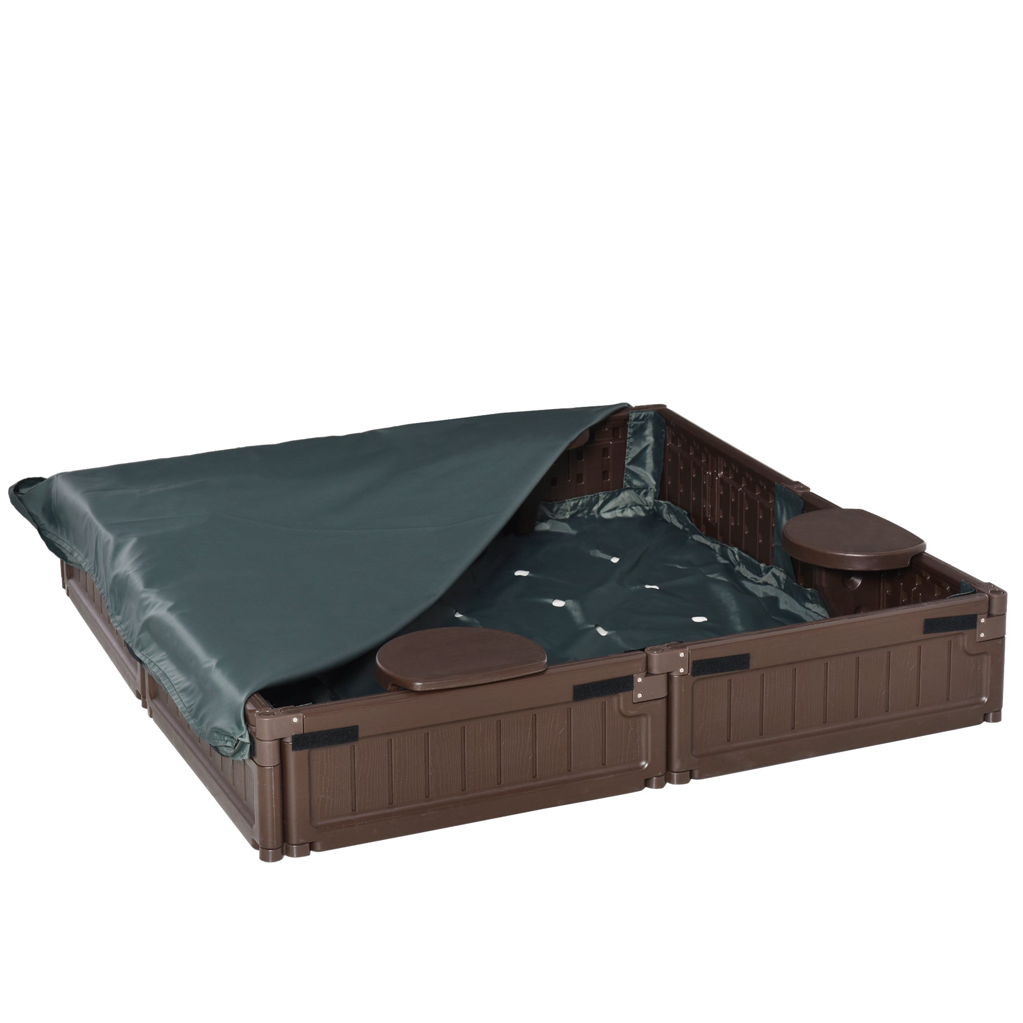 Sandbox 4 Seater Sandbox with Groundsheet, Cover for 3-12 Years Children, HDPE, 123 x 123 x 21 cm, Brown