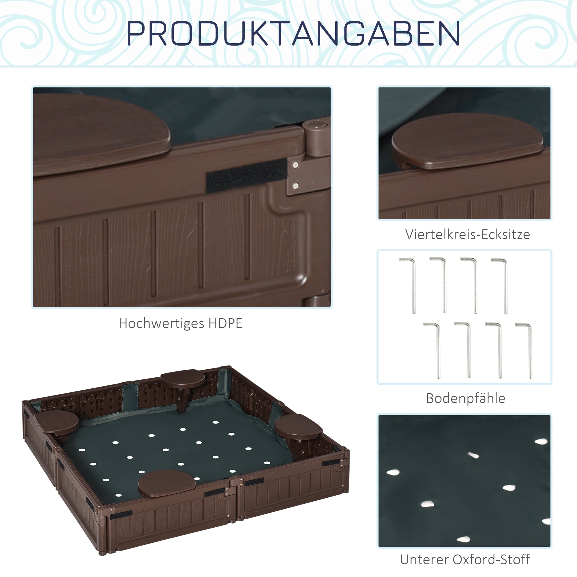 Sandbox 4 Seater Sandbox with Groundsheet, Cover for 3-12 Years Children, HDPE, 123 x 123 x 21 cm, Brown