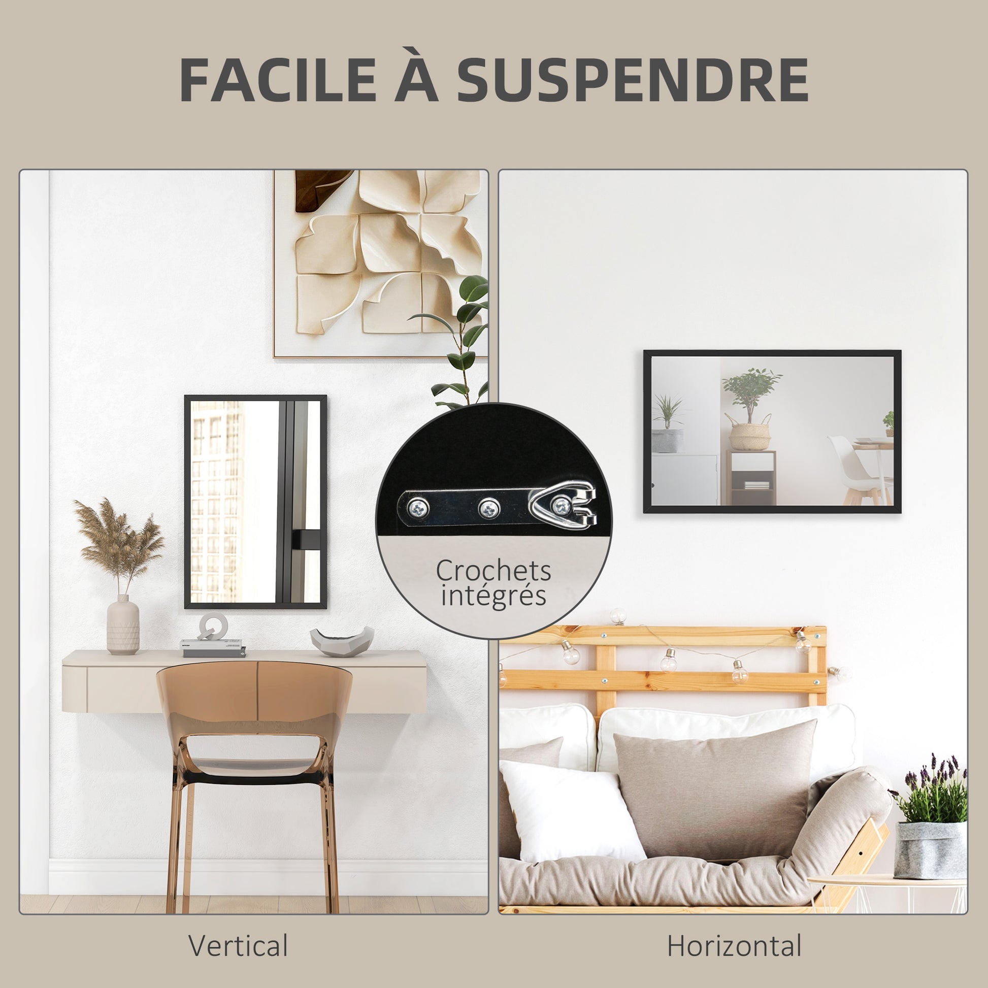 Rectangular Wall Mirror 60 x 40 cm, Black Wooden Frame, Ideal for Bathroom, Living Room, or Bedroom