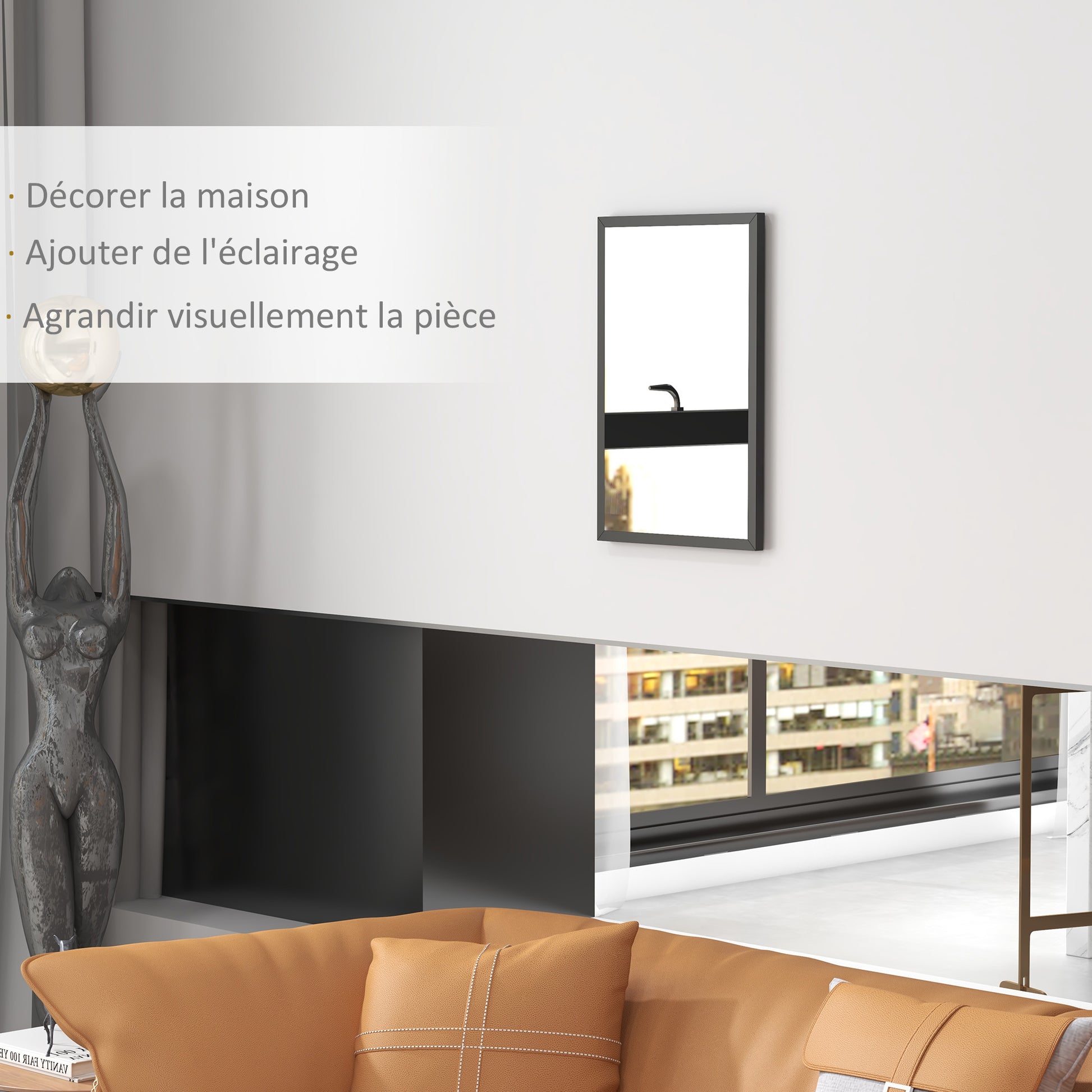 Rectangular Wall Mirror 60 x 40 cm, Black Wooden Frame, Ideal for Bathroom, Living Room, or Bedroom