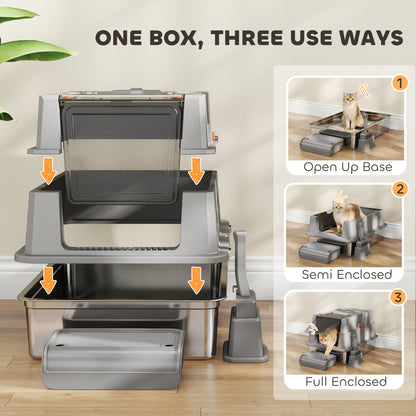XXL Stainless Steel Cat Litter Box, 130 L (≈34.3 US gal) — 180° Flip Lid, High Sides, Scoop & Step — For Up to 3 Cats (≤22 lb / 10 kg each) — 27.6 x 19.7 x 16.9 in, Gray