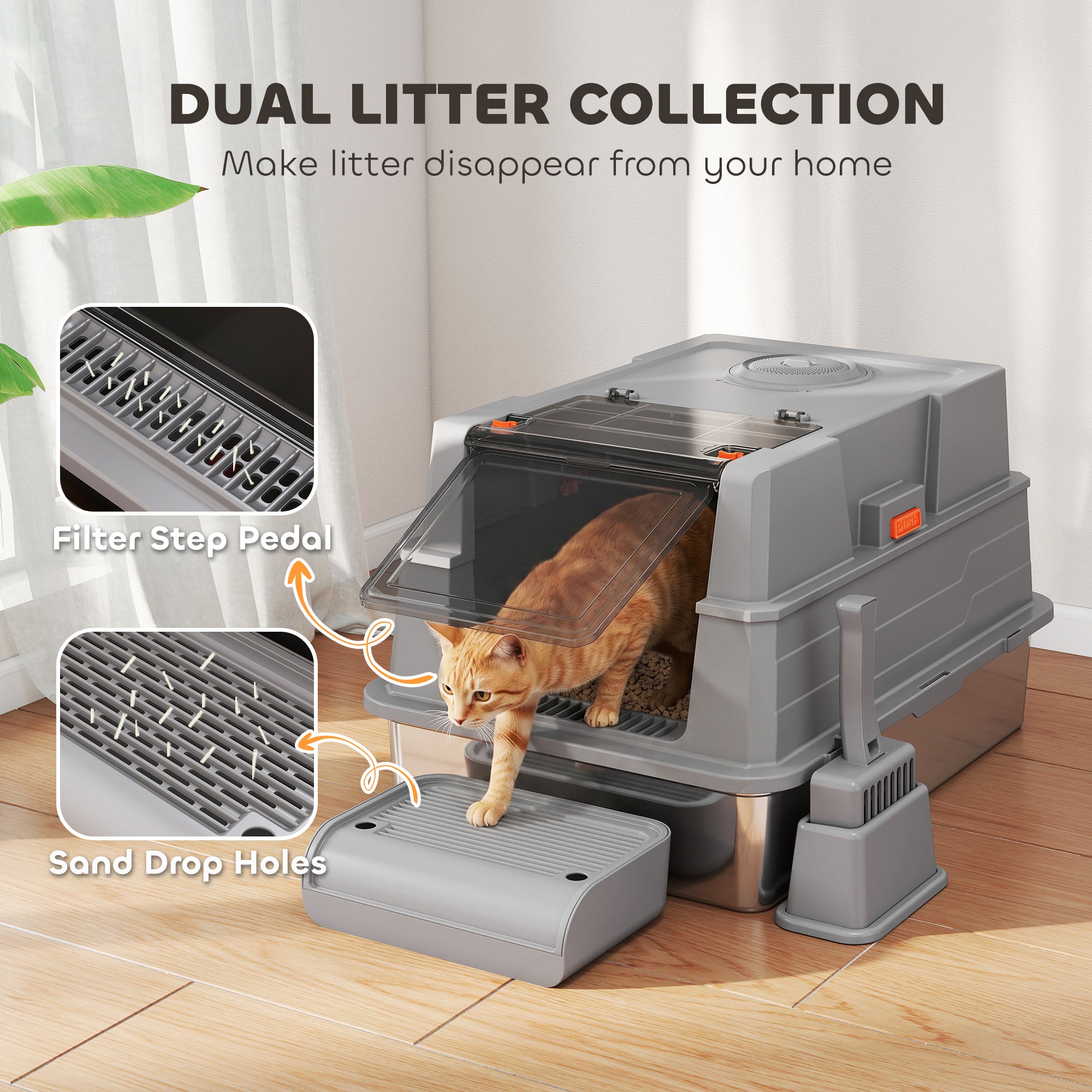 XXL Stainless Steel Cat Litter Box, 130 L (≈34.3 US gal) — 180° Flip Lid, High Sides, Scoop & Step — For Up to 3 Cats (≤22 lb / 10 kg each) — 27.6 x 19.7 x 16.9 in, Gray