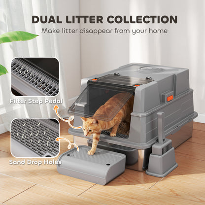 XXL Stainless Steel Cat Litter Box, 130 L (≈34.3 US gal) — 180° Flip Lid, High Sides, Scoop & Step — For Up to 3 Cats (≤22 lb / 10 kg each) — 27.6 x 19.7 x 16.9 in, Gray
