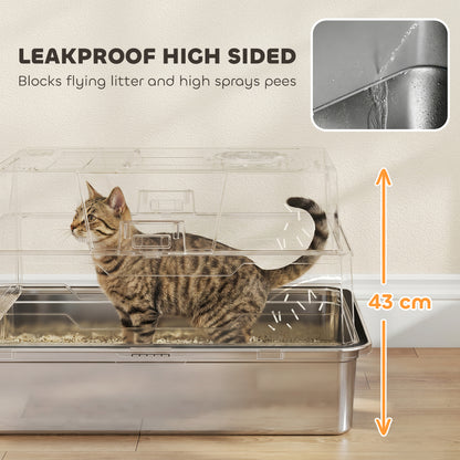 XXL Stainless Steel Cat Litter Box, 130 L (≈34.3 US gal) — 180° Flip Lid, High Sides, Scoop & Step — For Up to 3 Cats (≤22 lb / 10 kg each) — 27.6 x 19.7 x 16.9 in, Gray