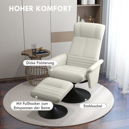 Reclining Chair with Footstool, 360° Swivel TV Chair with Reclining Function Padded TV Chair with Microfiber Look for Living Room, Cream White