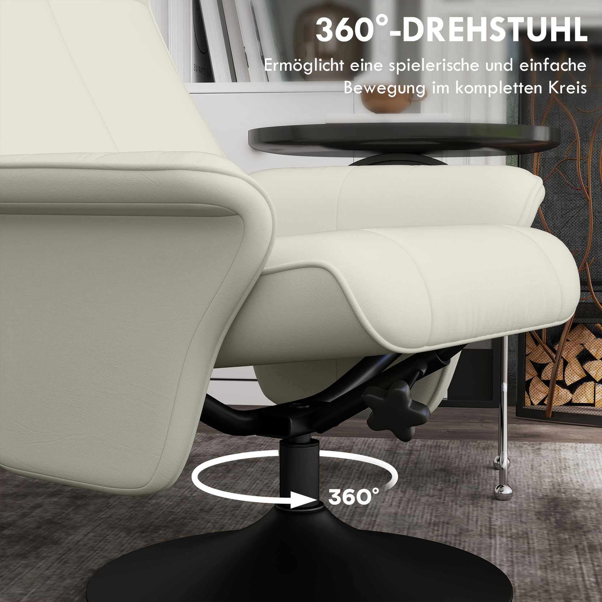 Reclining Chair with Footstool, 360° Swivel TV Chair with Reclining Function Padded TV Chair with Microfiber Look for Living Room, Cream White