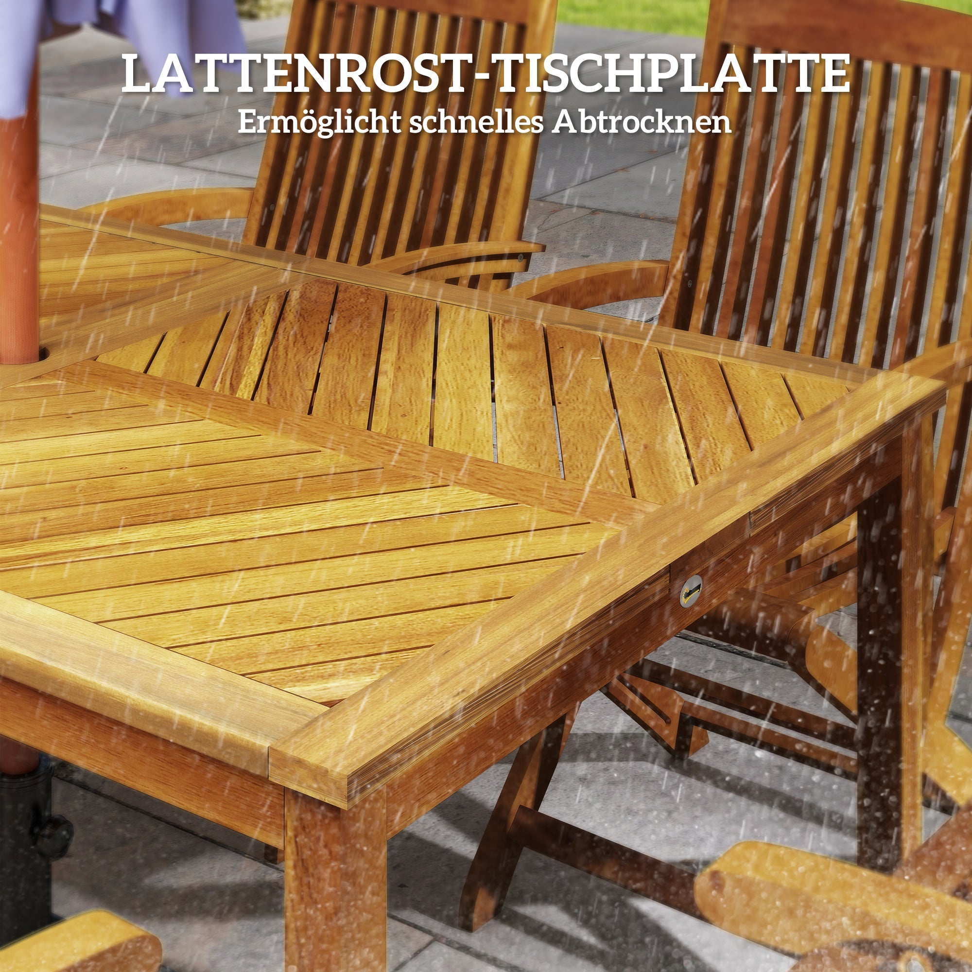Garden Table 150x85cm, Weatherproof Wooden Patio Table for 6 People with Umbrella Hole, Slatted Side Table, Terrace Table for Garden Natural Wood