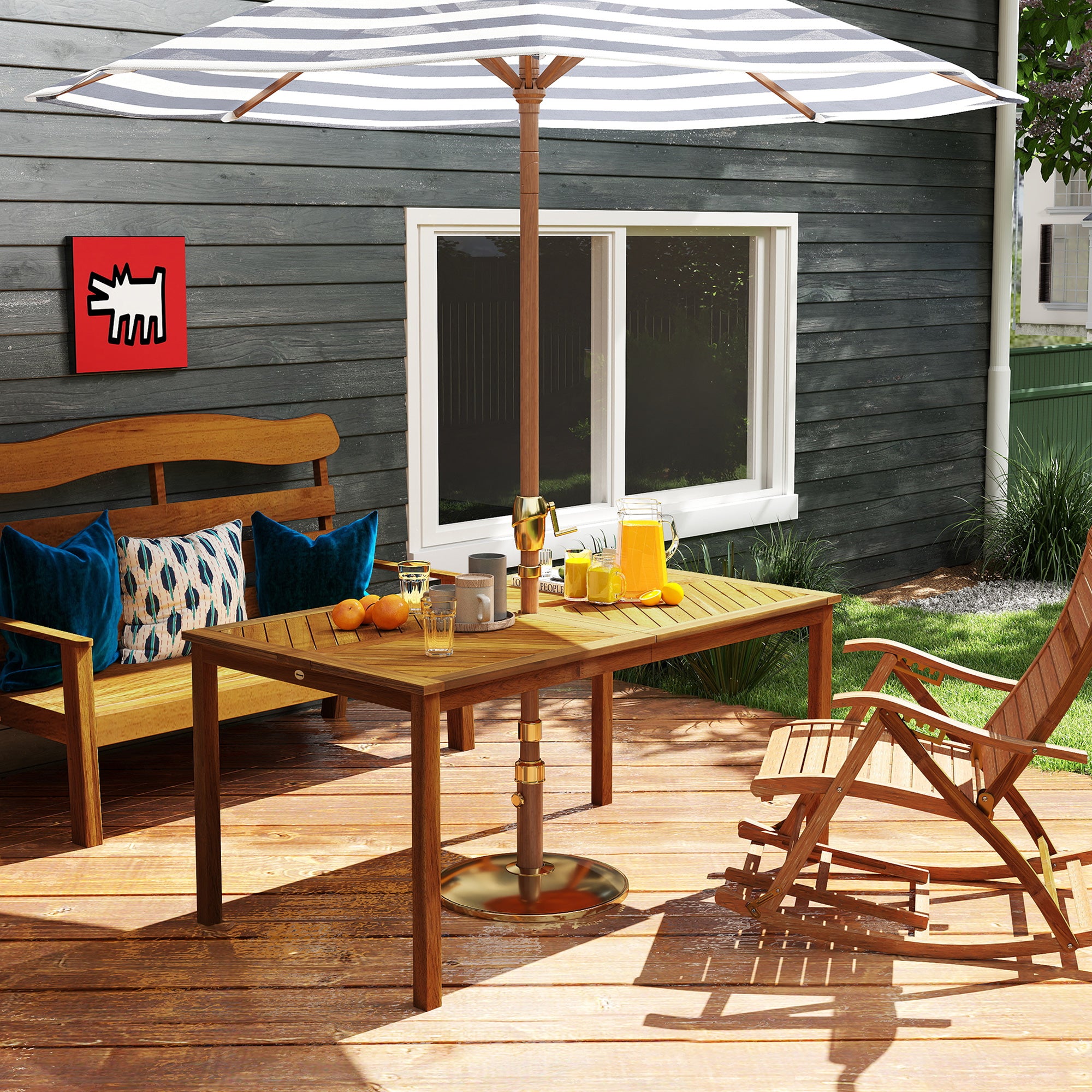 Garden Table 150x85cm, Weatherproof Wooden Patio Table for 6 People with Umbrella Hole, Slatted Side Table, Terrace Table for Garden Natural Wood