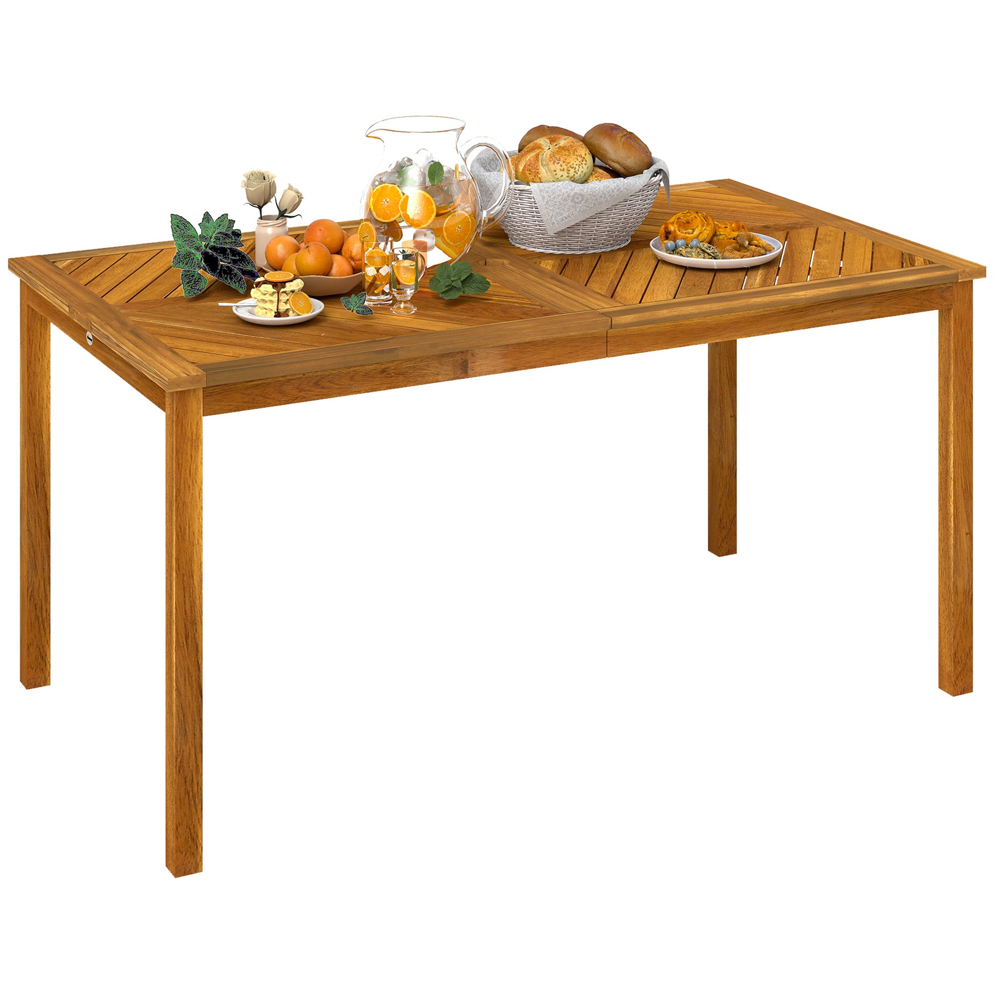 Garden Table 150x85cm, Weatherproof Wooden Patio Table for 6 People with Umbrella Hole, Slatted Side Table, Terrace Table for Garden Natural Wood