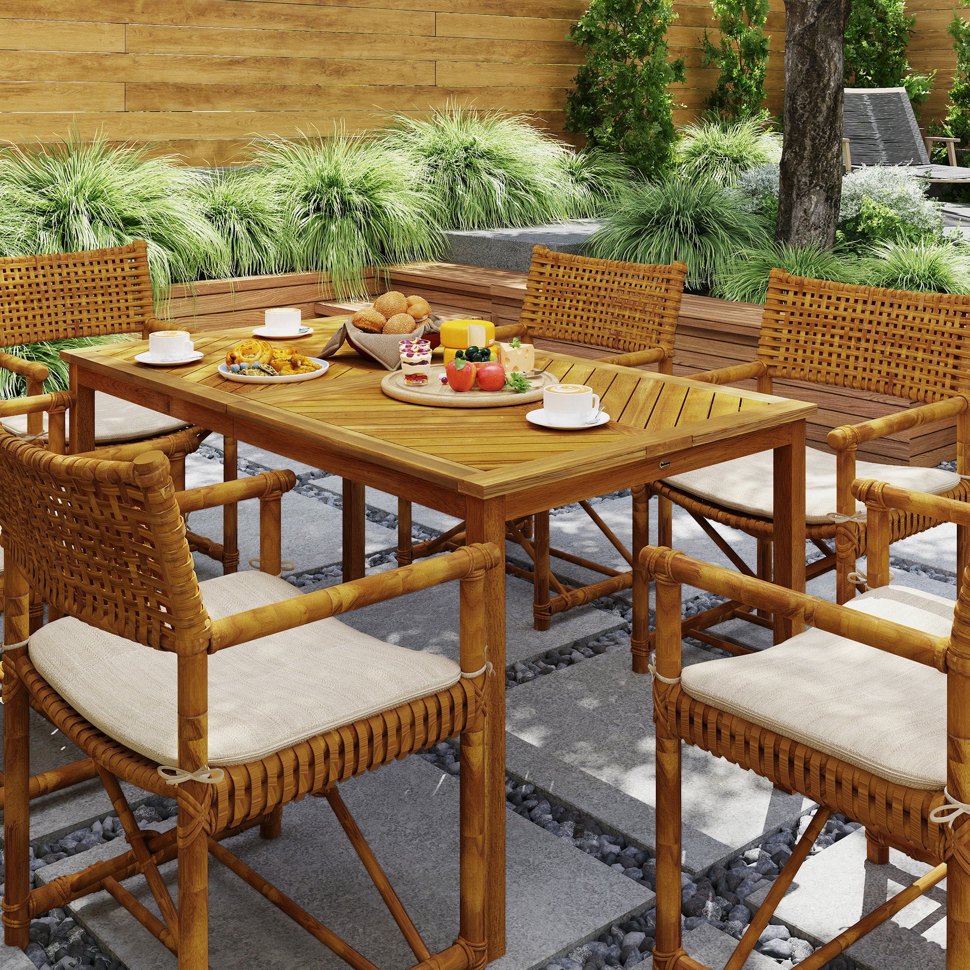 Garden Table 150x85cm, Weatherproof Wooden Patio Table for 6 People with Umbrella Hole, Slatted Side Table, Terrace Table for Garden Natural Wood