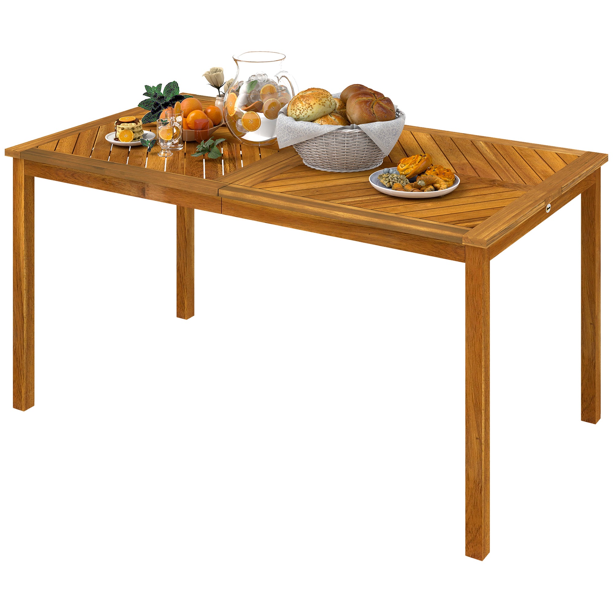 Garden Table 150x85cm, Weatherproof Wooden Patio Table for 6 People with Umbrella Hole, Slatted Side Table, Terrace Table for Garden Natural Wood
