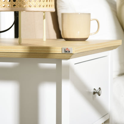 Modern Bedside Table Nightstand with Storage Drawer and Foldable Wicker Basket for Living Room Bedroom 49x39x64 cm White and Natural