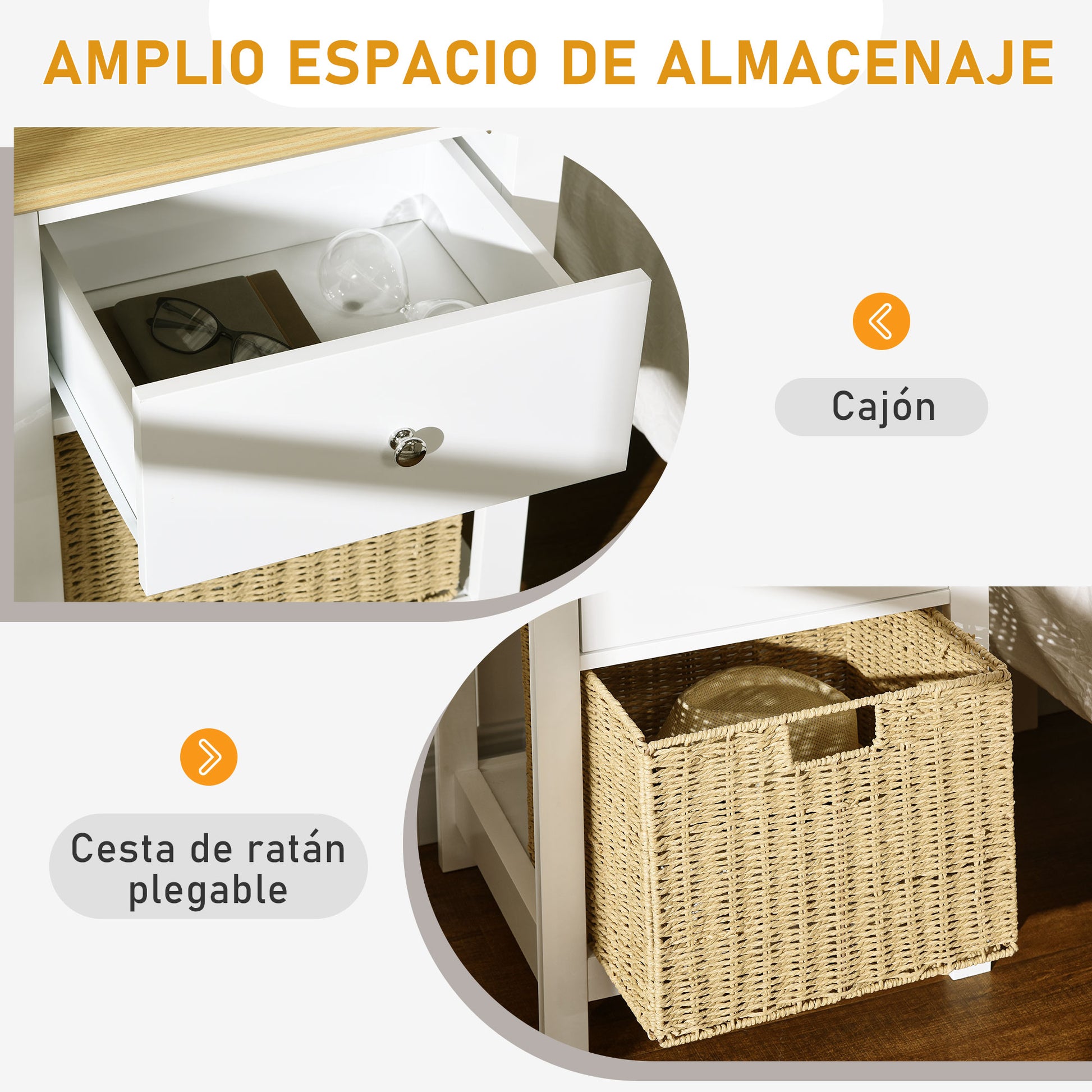 Modern Bedside Table Nightstand with Storage Drawer and Foldable Wicker Basket for Living Room Bedroom 49x39x64 cm White and Natural