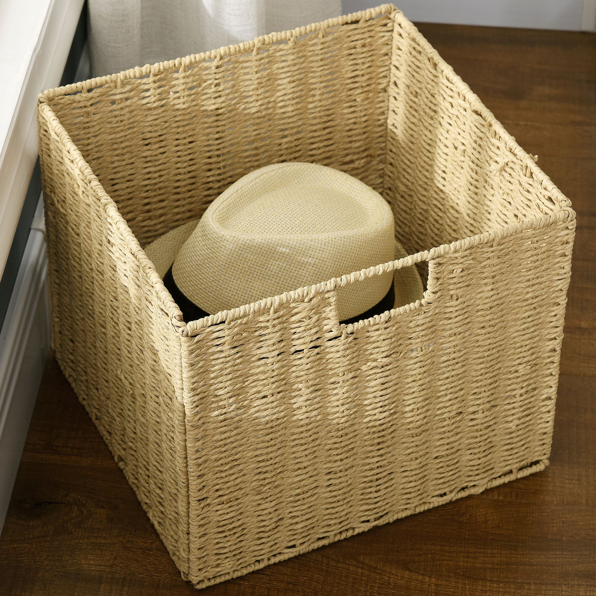 Modern Bedside Table Nightstand with Storage Drawer and Foldable Wicker Basket for Living Room Bedroom 49x39x64 cm White and Natural