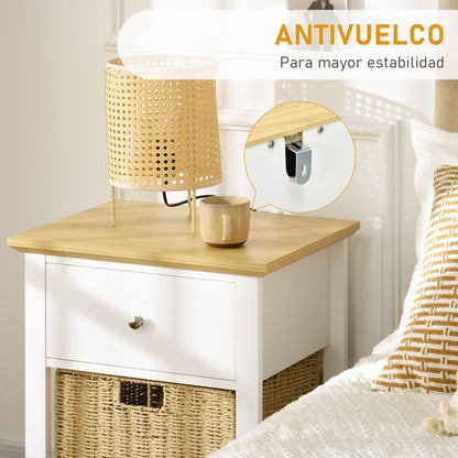 Modern Bedside Table Nightstand with Storage Drawer and Foldable Wicker Basket for Living Room Bedroom 49x39x64 cm White and Natural